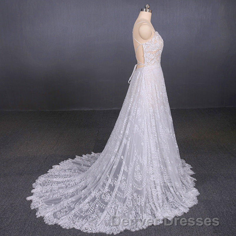 Charming Spaghetti Straps Long A-line Wedding Dress Beach Wedding Dress