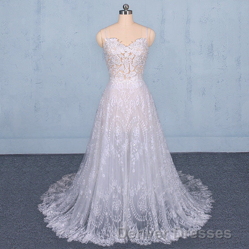 Charming Spaghetti Straps Long A-line Wedding Dress Beach Wedding Dress