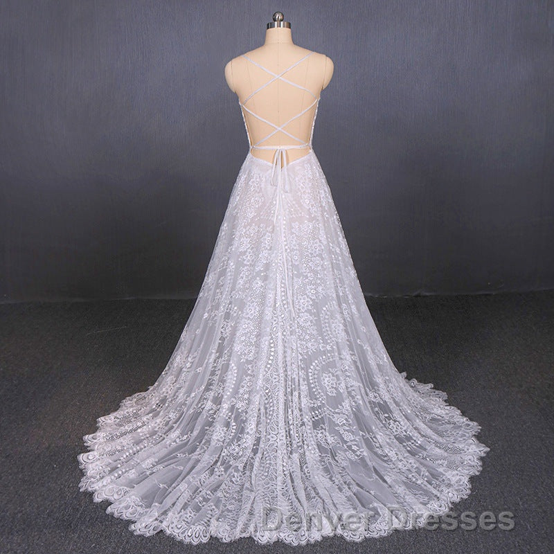 Charming Spaghetti Straps Long A-line Wedding Dress Beach Wedding Dress