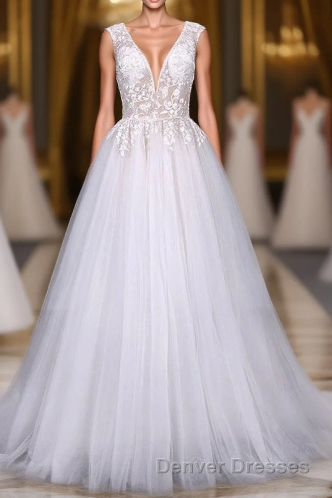 Flowy A-line Long V-neck Lace Tulle Beach Wedding Dress Bridal Gowns