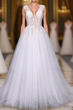 Flowy A-line Long V-neck Lace Tulle Beach Wedding Dress Bridal Gowns