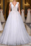 Flowy A-line Long V-neck Lace Tulle Beach Wedding Dress Bridal Gowns