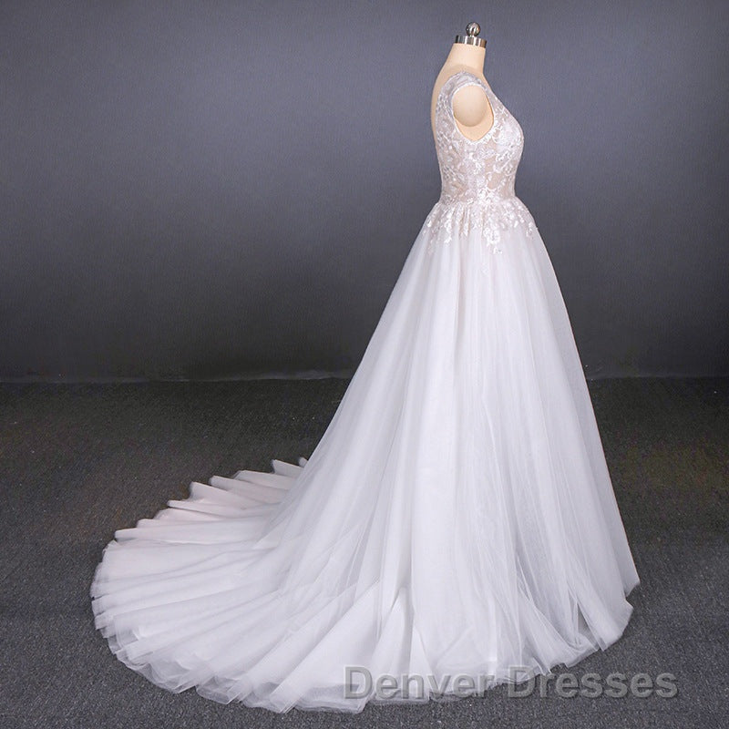 Flowy A-line Long V-neck Lace Tulle Beach Wedding Dress Bridal Gowns