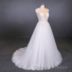 Flowy A-line Long V-neck Lace Tulle Beach Wedding Dress Bridal Gowns