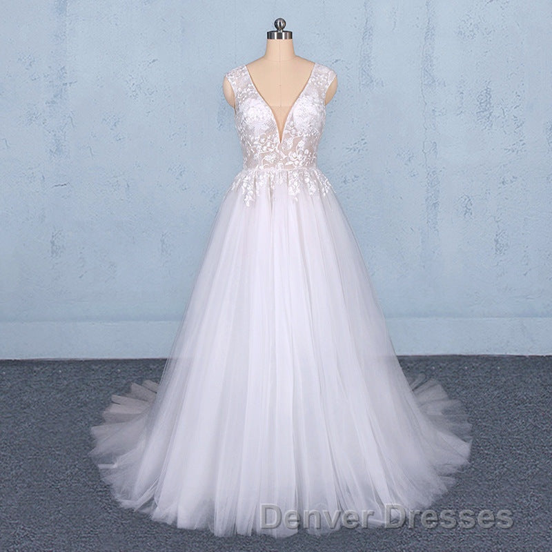 Flowy A-line Long V-neck Lace Tulle Beach Wedding Dress Bridal Gowns