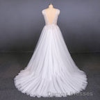 Flowy A-line Long V-neck Lace Tulle Beach Wedding Dress Bridal Gowns