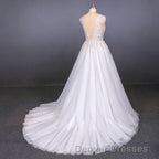 Flowy A-line Long V-neck Lace Tulle Beach Wedding Dress Bridal Gowns