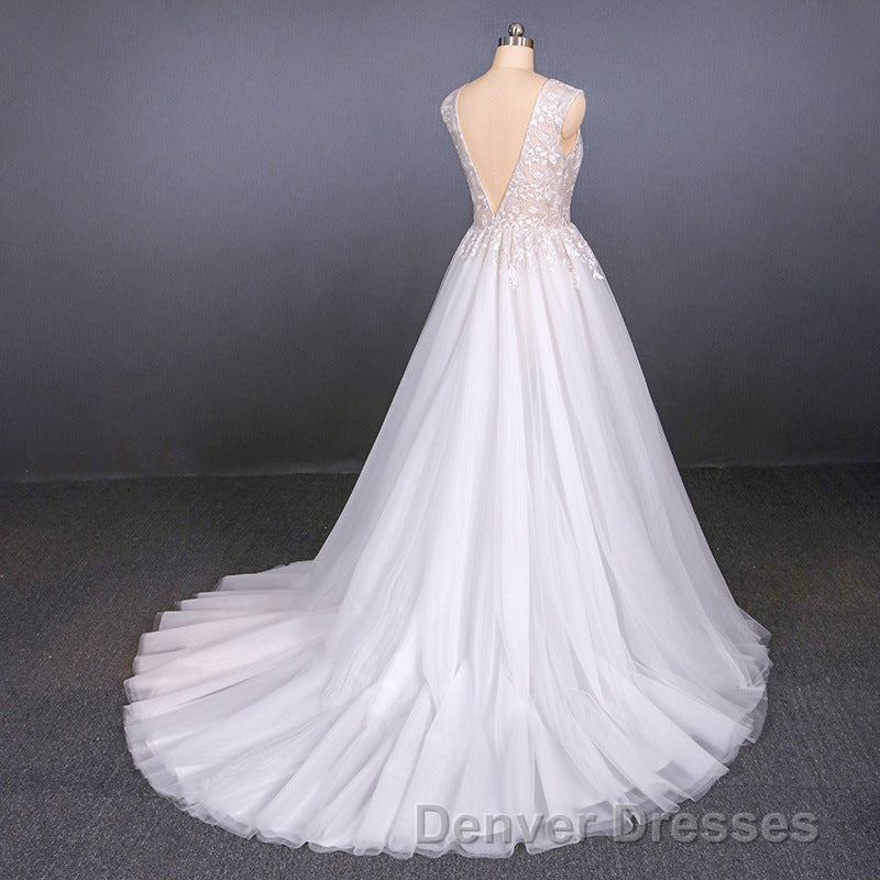 Flowy A-line Long V-neck Lace Tulle Beach Wedding Dress Bridal Gowns