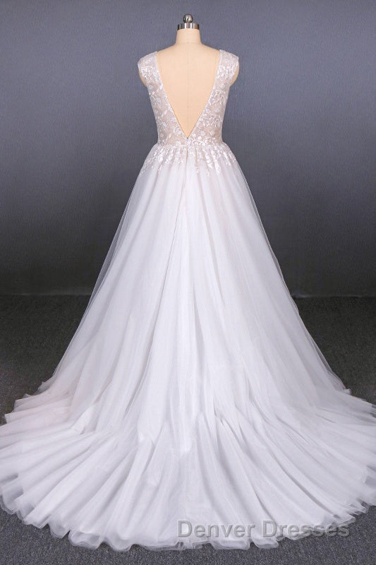 Flowy A-line Long V-neck Lace Tulle Beach Wedding Dress Bridal Gowns