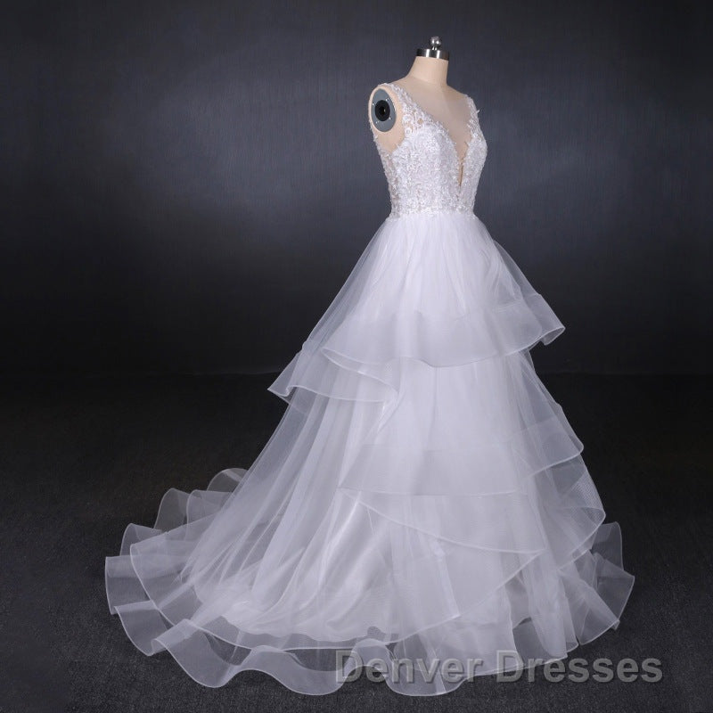 Charming V-neck Lace Wedding Dress Elegant Backless Wedding Gowns