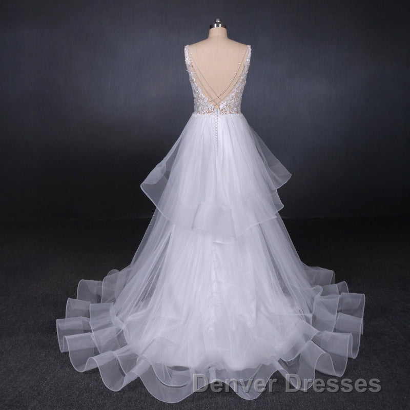 Charming V-neck Lace Wedding Dress Elegant Backless Wedding Gowns