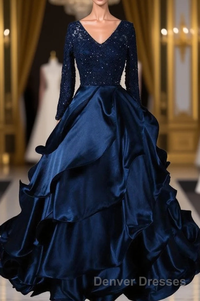 Formal V-neck Beading Lace Satin Backless Ball Gown Prom Dress With Sleeves Main image