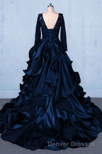 Formal V-neck Beading Lace Satin Backless Ball Gown Prom Dress With Sleeves