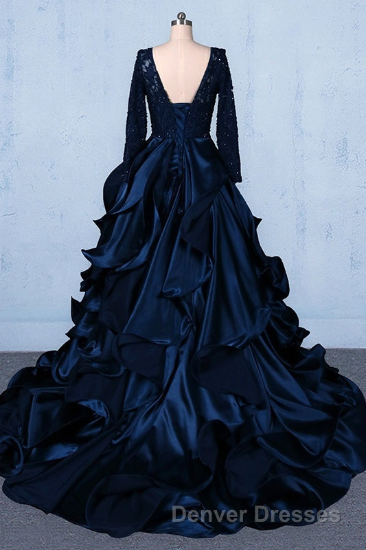 Formal V-neck Beading Lace Satin Backless Ball Gown Prom Dress With Sleeves