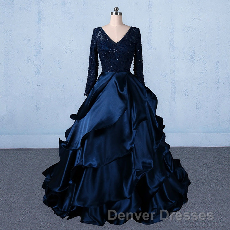 Formal V-neck Beading Lace Satin Backless Ball Gown Prom Dress With Sleeves