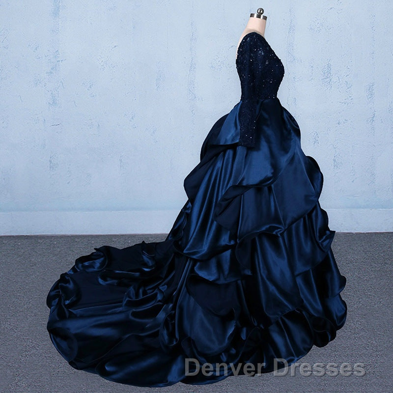 Formal V-neck Beading Lace Satin Backless Ball Gown Prom Dress With Sleeves