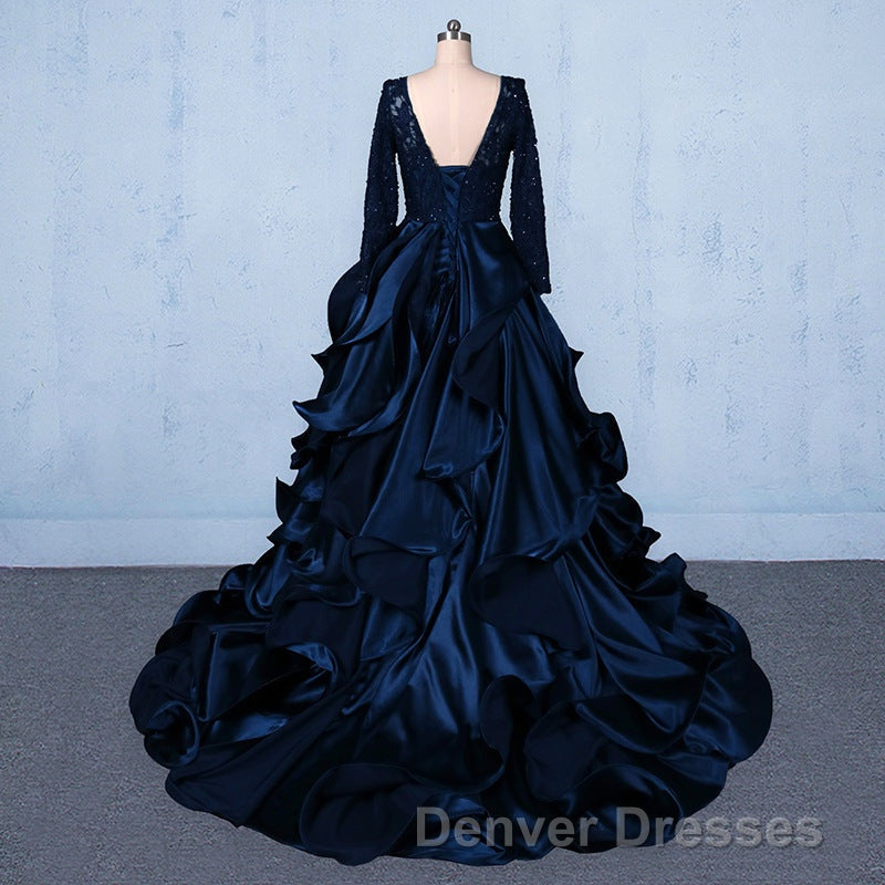 Formal V-neck Beading Lace Satin Backless Ball Gown Prom Dress With Sleeves