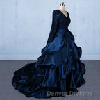 Formal V-neck Beading Lace Satin Backless Ball Gown Prom Dress With Sleeves