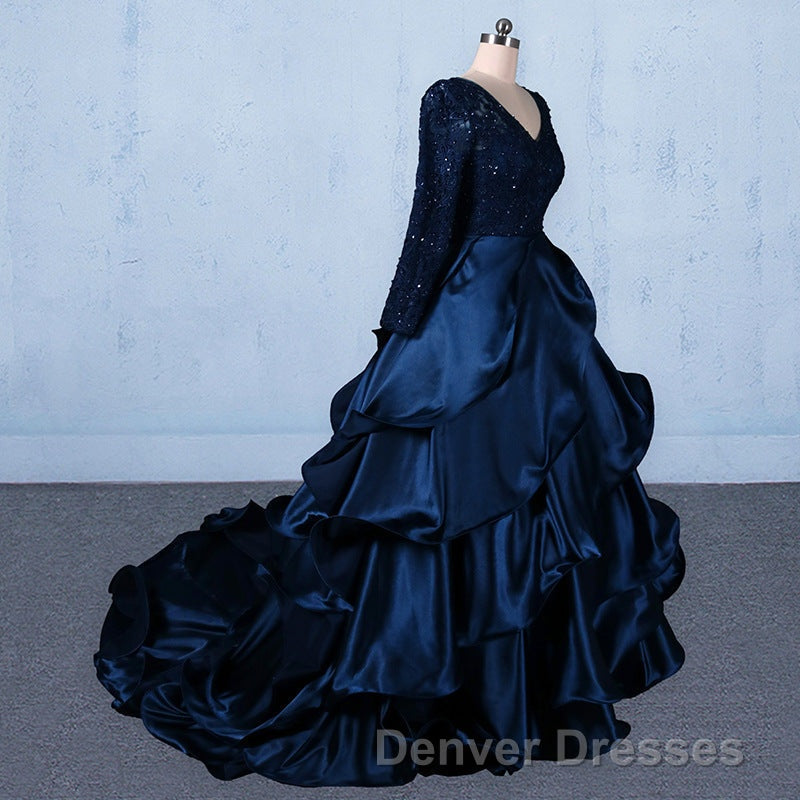 Formal V-neck Beading Lace Satin Backless Ball Gown Prom Dress With Sleeves
