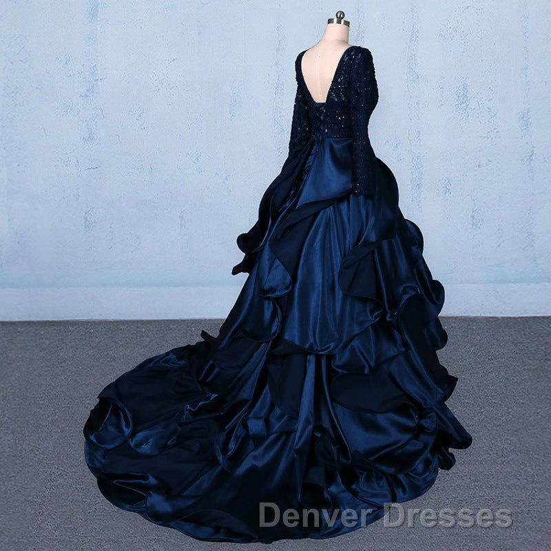 Formal V-neck Beading Lace Satin Backless Ball Gown Prom Dress With Sleeves