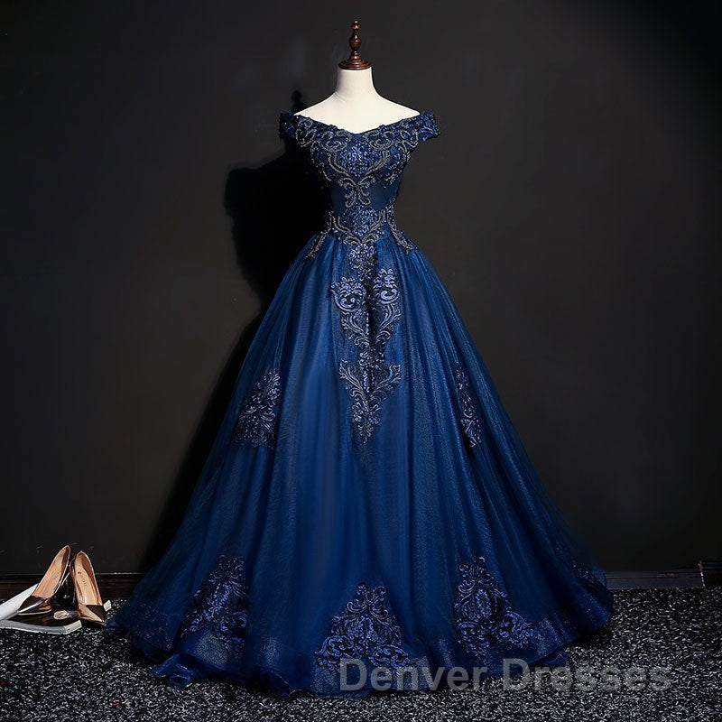 Off The Shoulder Lace Up Floor Length Princess Prom Dress With Lace Appliques