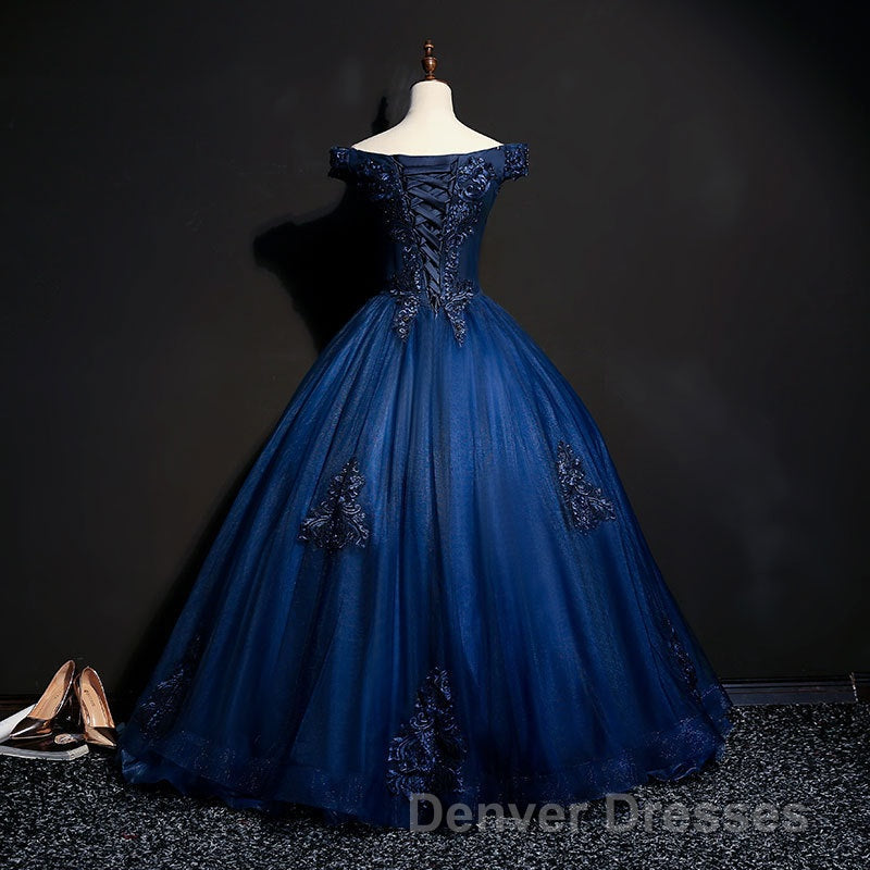 Off The Shoulder Lace Up Floor Length Princess Prom Dress With Lace Appliques