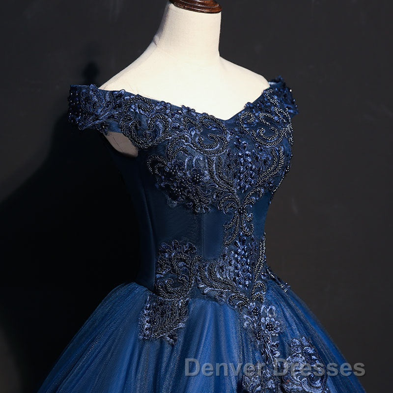 Off The Shoulder Lace Up Floor Length Princess Prom Dress With Lace Appliques