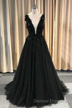 Formal Deep V-neck Long Black Party Prom Dress With Lace Appliques