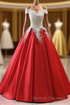 Modest Red Cap Sleeves Ball Gowns Lace Satin Prom Dress Evening Dress