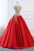 Modest Red Cap Sleeves Ball Gowns Lace Satin Prom Dress Evening Dress