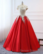 Modest Red Cap Sleeves Ball Gowns Lace Satin Prom Dress Evening Dress