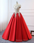 Modest Red Cap Sleeves Ball Gowns Lace Satin Prom Dress Evening Dress