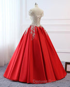 Modest Red Cap Sleeves Ball Gowns Lace Satin Prom Dress Evening Dress