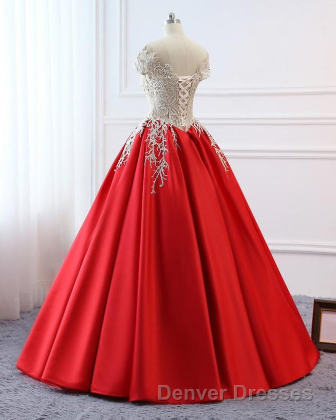 Modest Red Cap Sleeves Ball Gowns Lace Satin Prom Dress Evening Dress