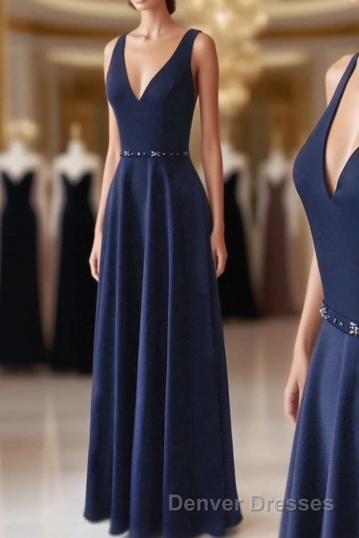 Navy Blue V-neck Floor Length Simple Cute Long Prom Dress Main image
