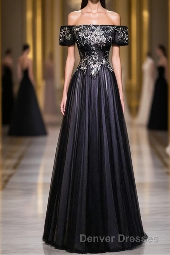 Beauty Off The Shoulder Floor Length Lace Up Long Black Prom Dress With Appliques Main image