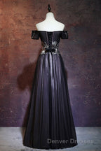 Beauty Off The Shoulder Floor Length Lace Up Long Black Prom Dress With Appliques