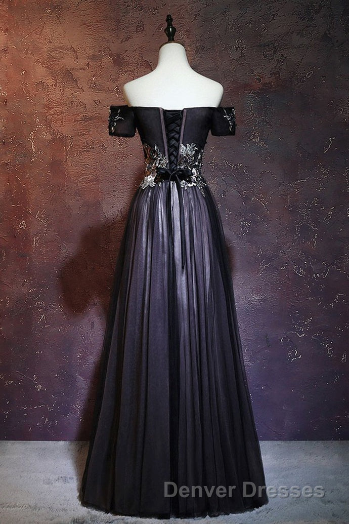 Beauty Off The Shoulder Floor Length Lace Up Long Black Prom Dress With Appliques