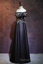 Beauty Off The Shoulder Floor Length Lace Up Long Black Prom Dress With Appliques