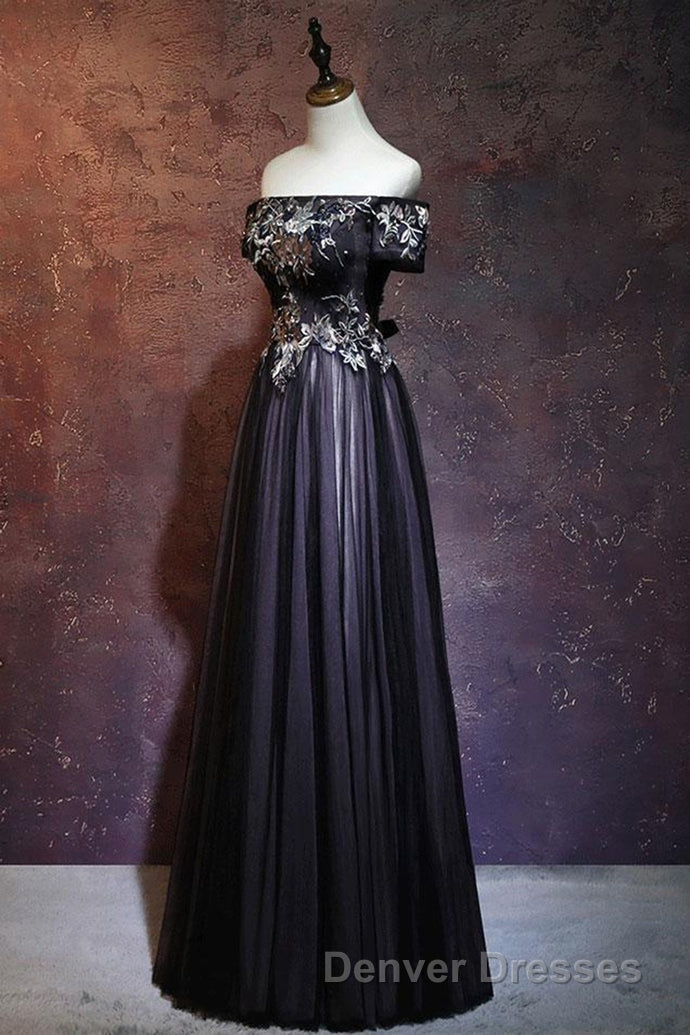 Beauty Off The Shoulder Floor Length Lace Up Long Black Prom Dress With Appliques
