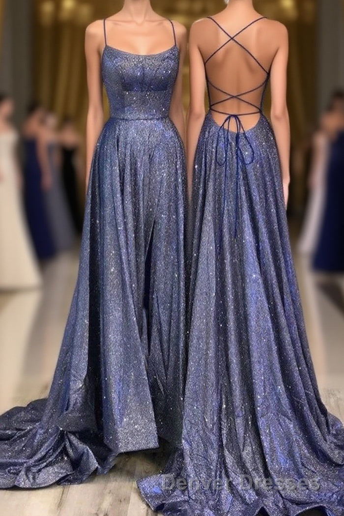 Beautiful Spaghetti Straps Backless Long Blue Party Prom Dress Main image