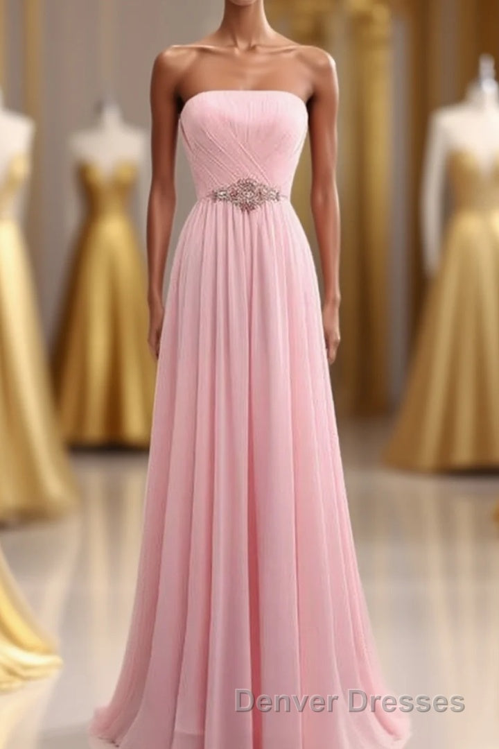 Elegant Strapless A-line Pink Chiffon Long Prom Dress Girly Dress Main image