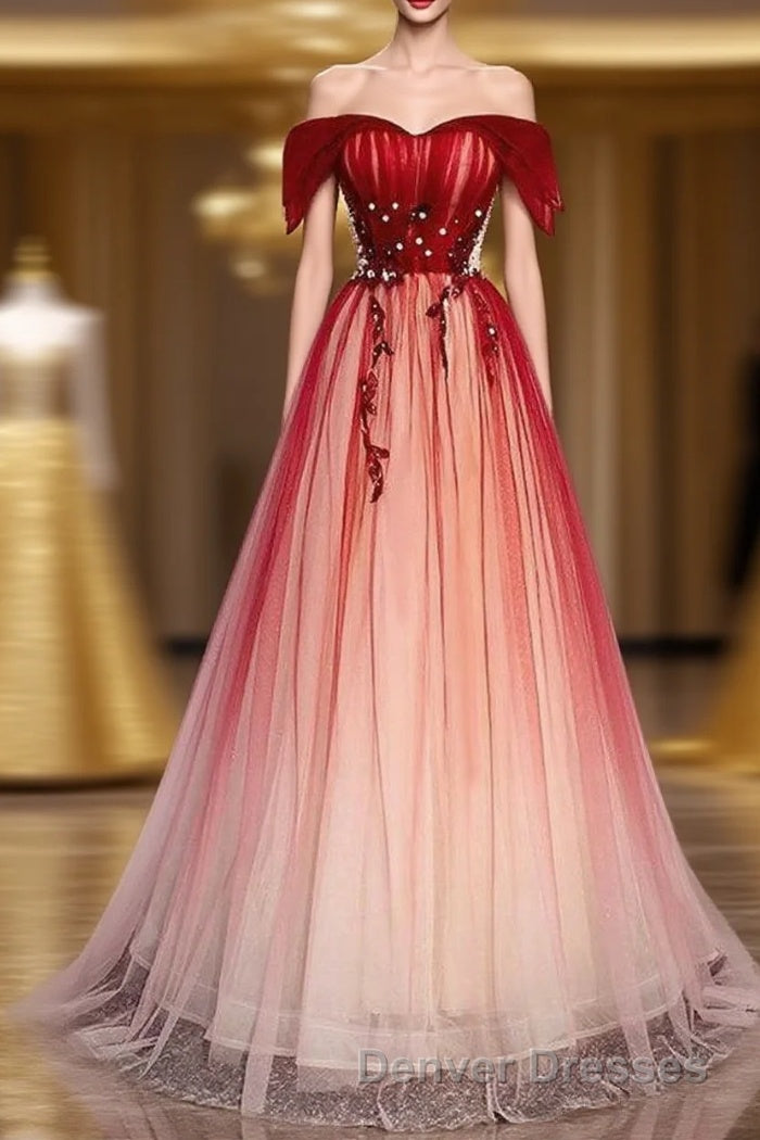 Burgundy Off The Shoulder Tulle Long Lace Up Formal Prom Dress Party Dress Main image