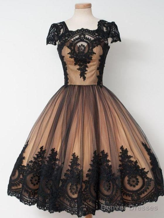 Black Lace Short Vintage Prom Dress with Cap Sleeves Main image
