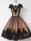 Black Lace Short Vintage Prom Dress with Cap Sleeves
