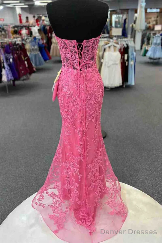 Pink Sweetheart Strapless Lace Appliques Mermaid Prom Dress Secondary image