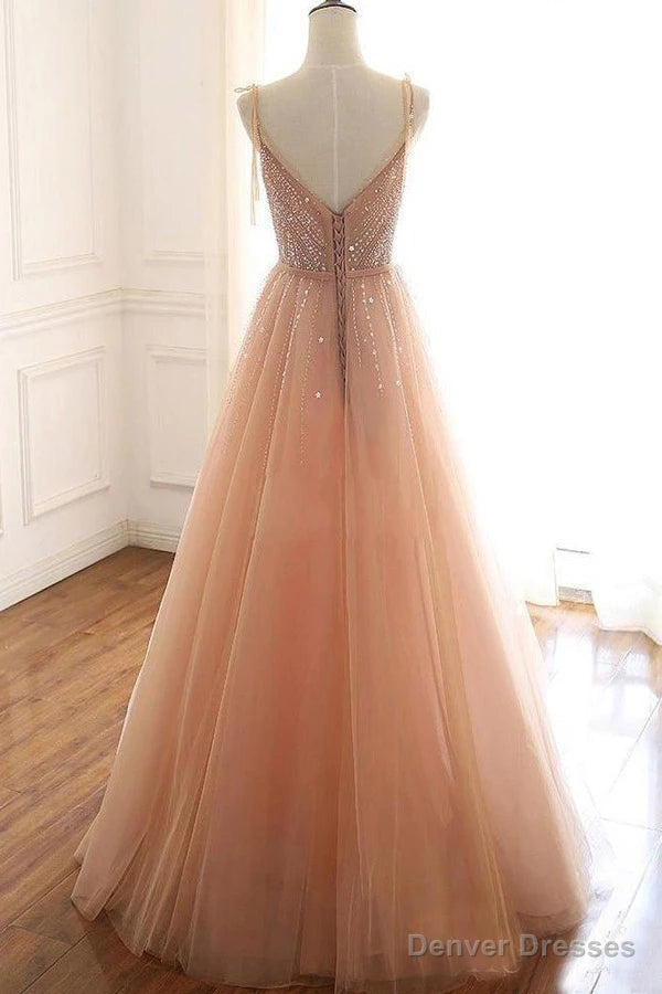 Tulle A-line Lace Up Back Straps Evening Dresses Sequins Prom Dresses Secondary image