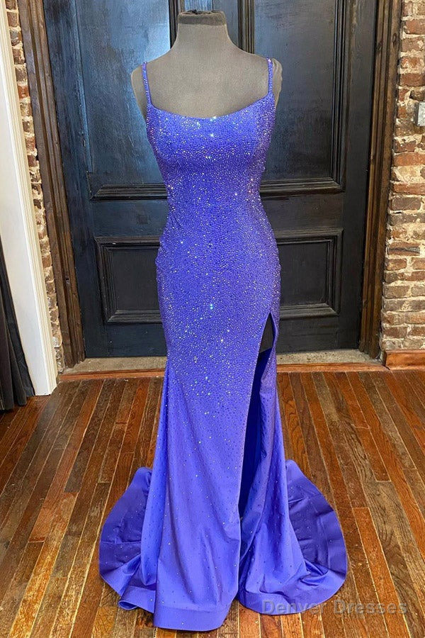 Mermaid Purple Satin Sequins Long Prom Dress With Side Slit Main image