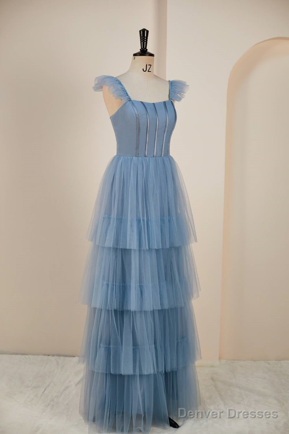 Dusty Blue Flutter Sleeves A-line Multi-Layers Long Prom Dress with Slit Main image