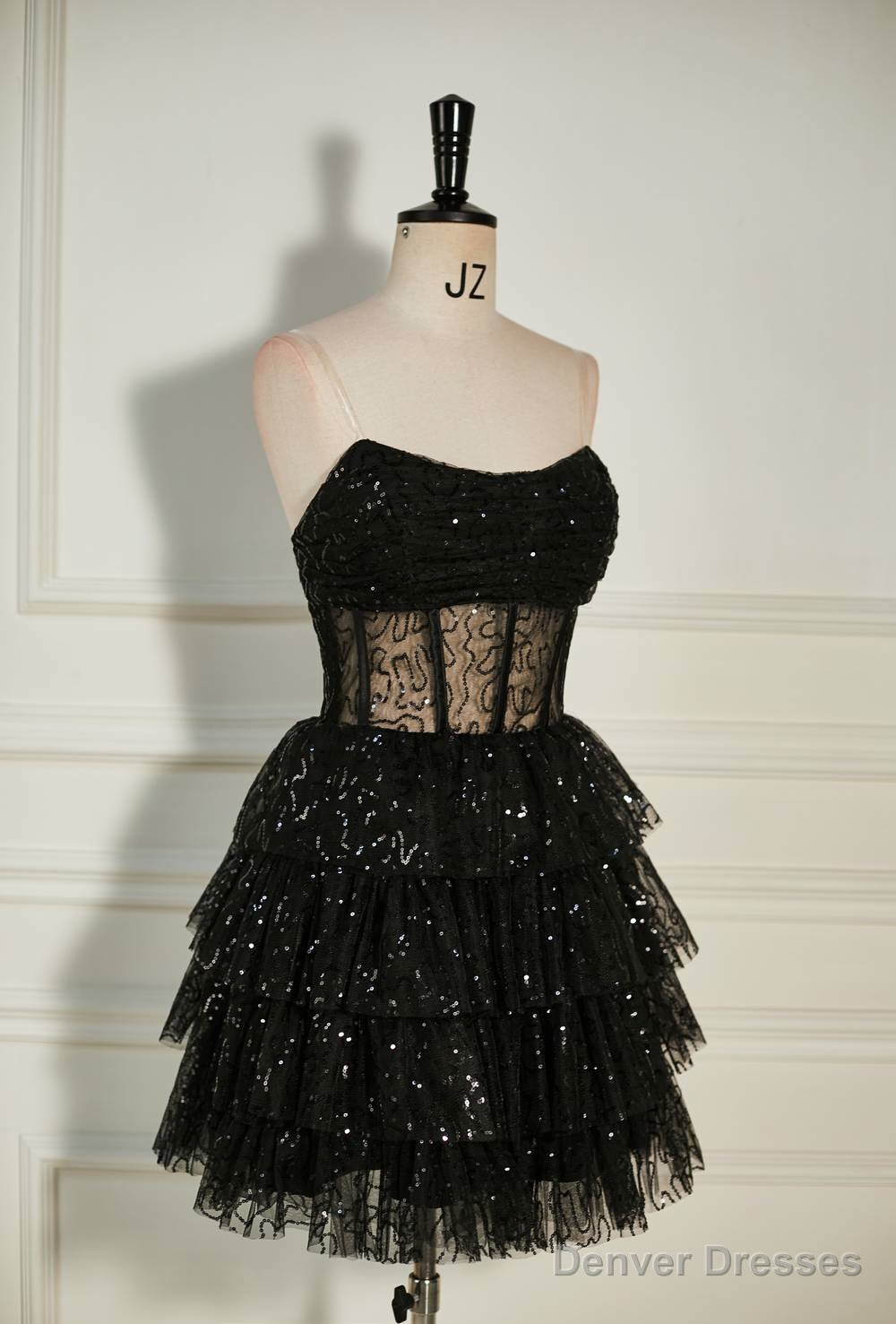Black Sequined Strapless Multi-Layers Tulle Homecoming Dress